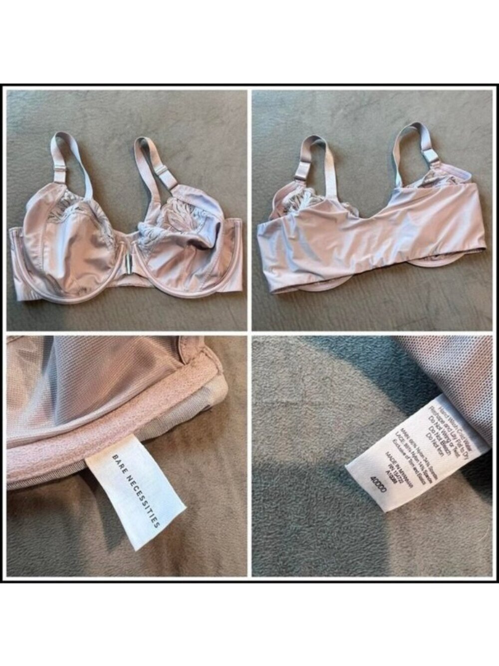 Bare Necessities Underwire Bra 40DDD Beige Adjustable Straps Lace Trim